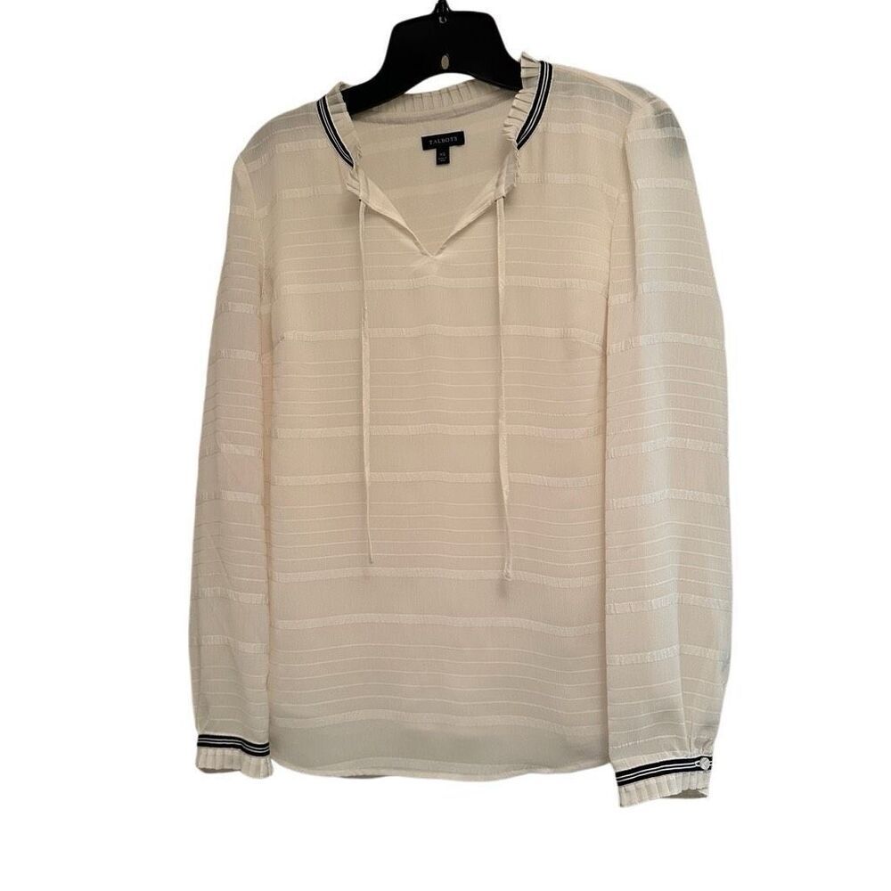Talbots Cream Blouse with Navy Trim- Size XS